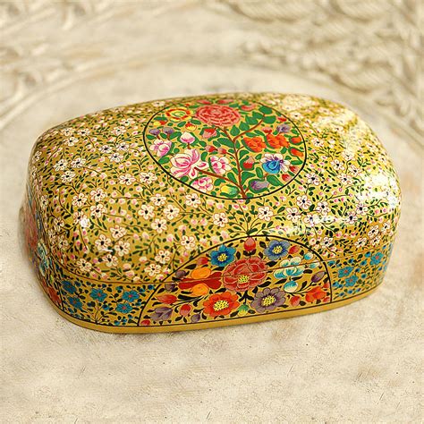 papier mache covered box hand painted metal inside kashmir|Exquisite Vintage Square Papier Mâché Lidded Box with rare 3.